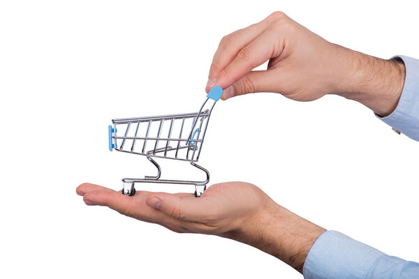 Toy Grocery Cart Hands Isolated White Background Side View — Stock Photo, Image