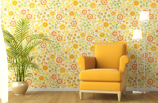 Interior with armchair and flowery wallpaper — Stock Photo, Image